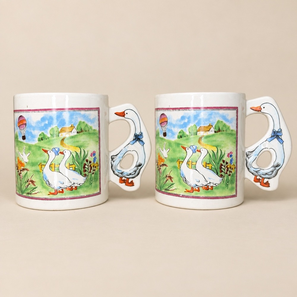 Vintage Goose Handle Mugs Set of 2 Pastoral Scene Cottagecore Ceramic Mugs